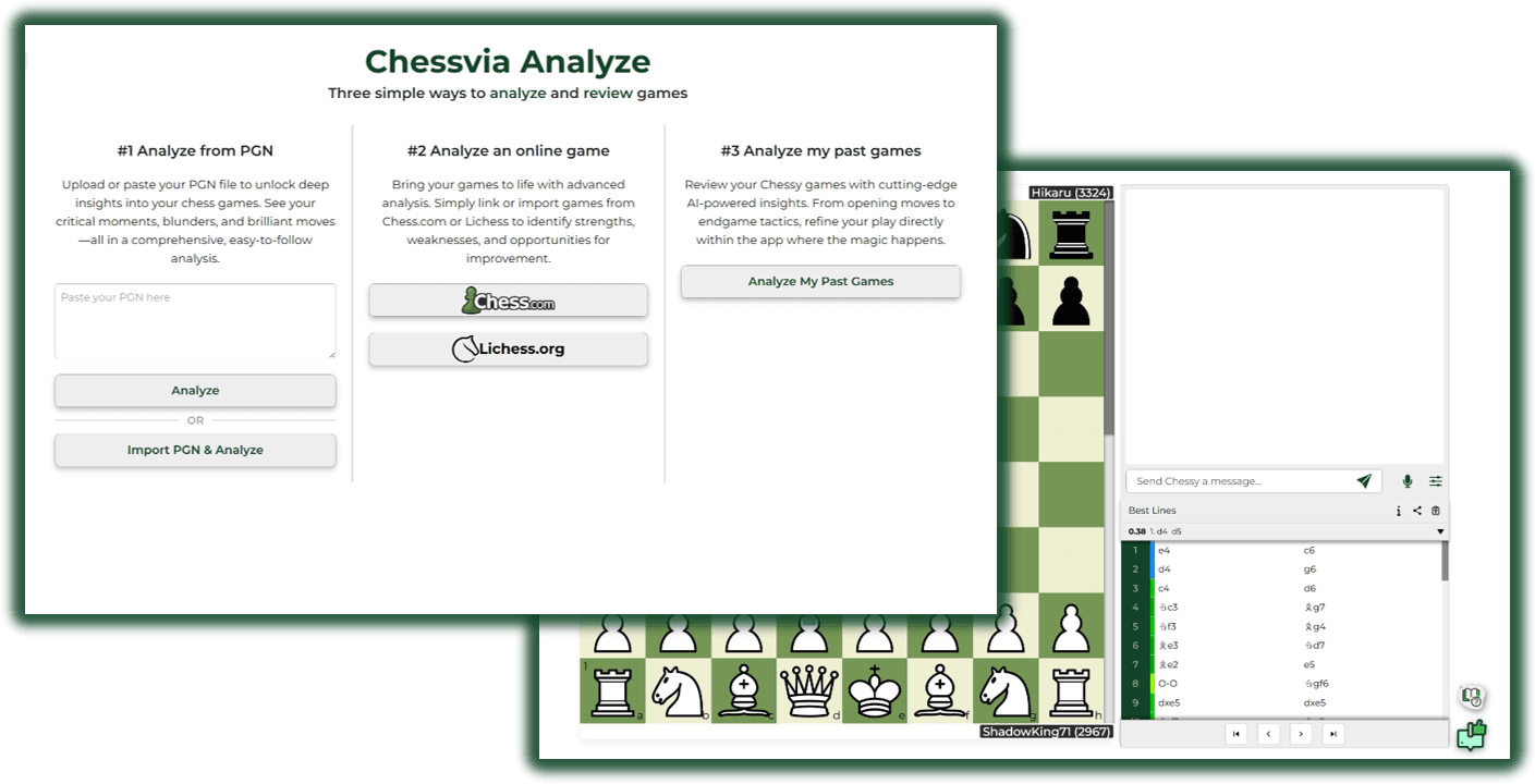 Chessy AI chess analysis interface showing detailed move evaluation and alternative lines analysis