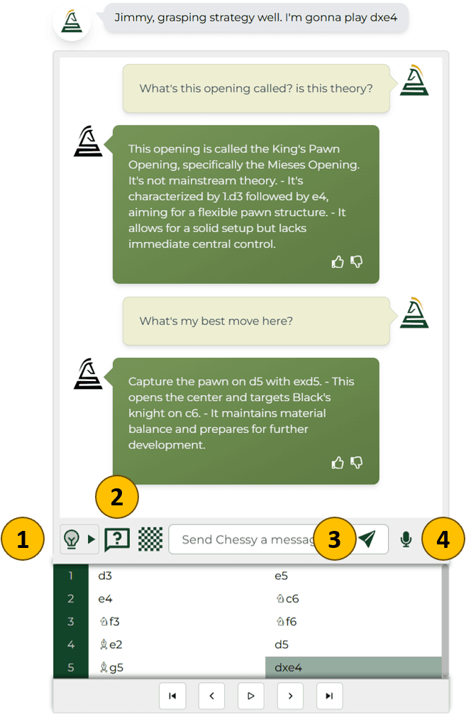 Multi-modal chess AI interface showing voice interaction, text chat, and image analysis capabilities